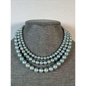 Vintage 3 strand  Faux Peal Blueish Green necklace 16"